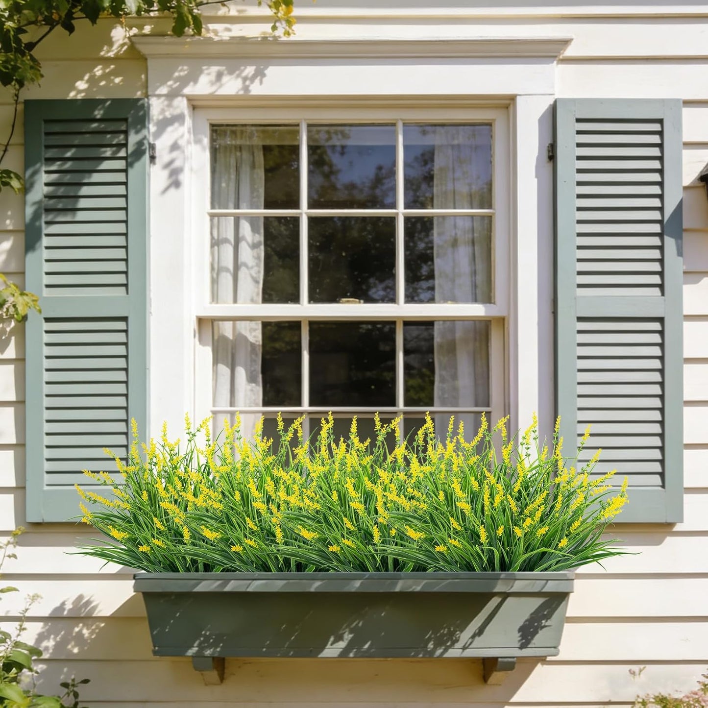 24 Pcs Artificial Plants Lavender Flowers for Outdoors, Purple | Faux lavender flowers with fake monkey grass, UV resistant, plastic plants, porch garden patio window home decor