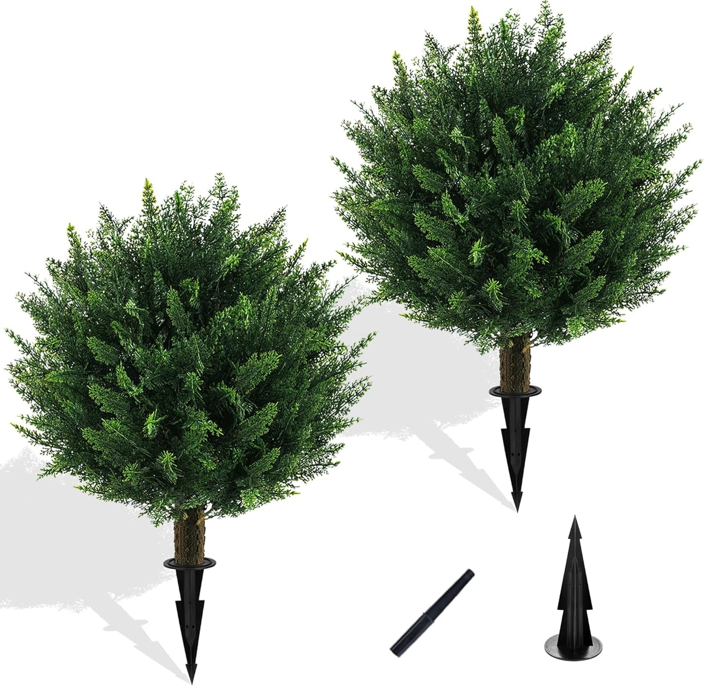2PCS Faux Boxwood Plants Outdoor Artificial Topiary Ball Trees | Fake Bush & Shrub Greenery / UV Resistant / No Fade / Sturdy Build / No Maintenance / with Spike / Front Porch Decor