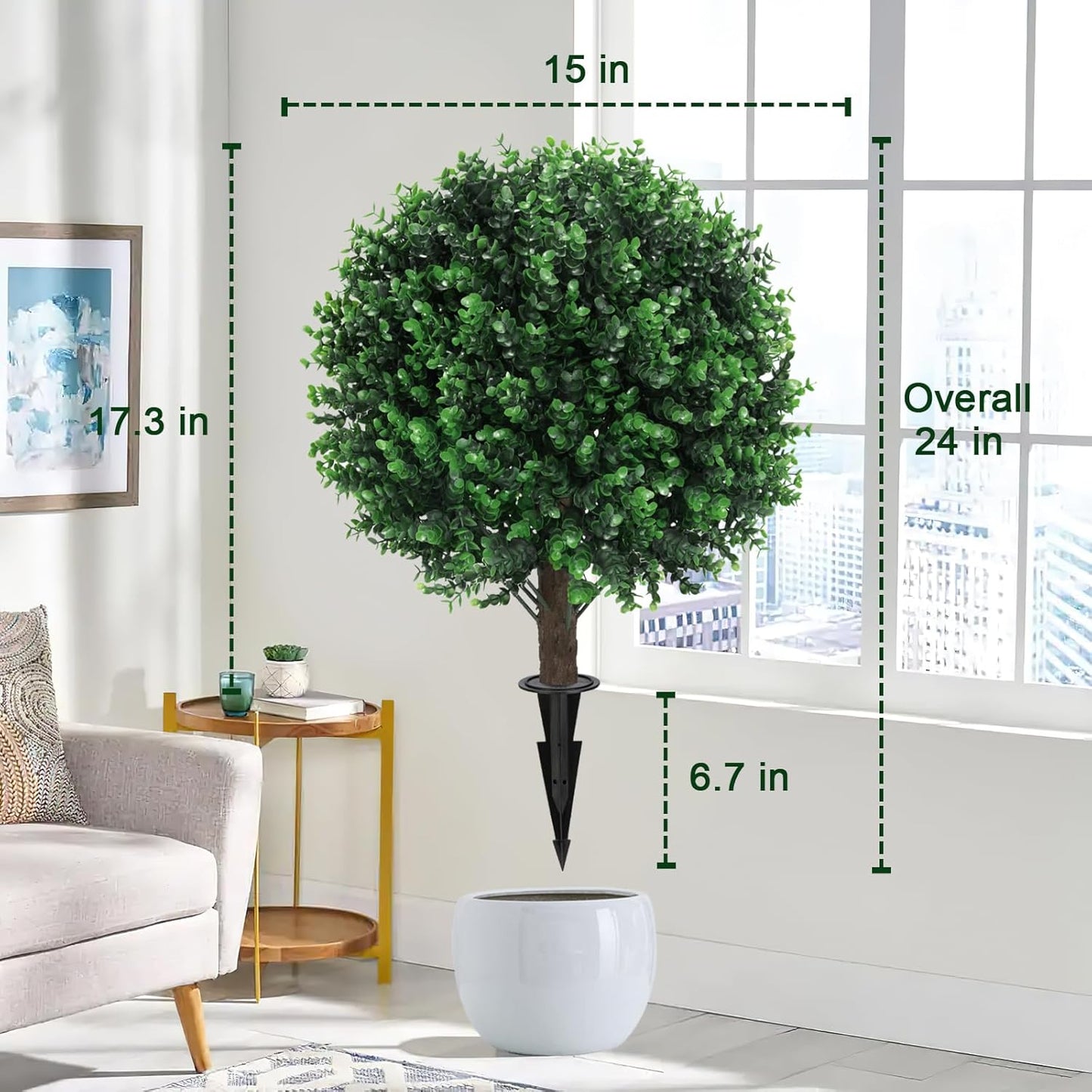 2PCS Faux Boxwood Plants Outdoor Artificial Topiary Ball Trees | Fake Bush & Shrub Greenery / UV Resistant / No Fade / Sturdy Build / No Maintenance / with Spike / Front Porch Decor