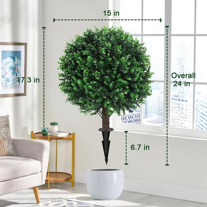 2PCS Faux Boxwood Plants Outdoor Artificial Topiary Ball Trees | Fake Bush & Shrub Greenery / UV Resistant / No Fade / Sturdy Build / No Maintenance / with Spike / Front Porch Decor