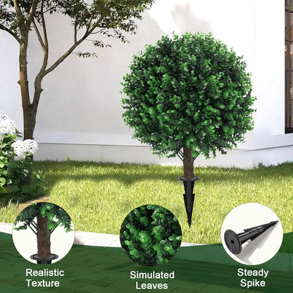 2PCS Faux Boxwood Plants Outdoor Artificial Topiary Ball Trees | Fake Bush & Shrub Greenery / UV Resistant / No Fade / Sturdy Build / No Maintenance / with Spike / Front Porch Decor