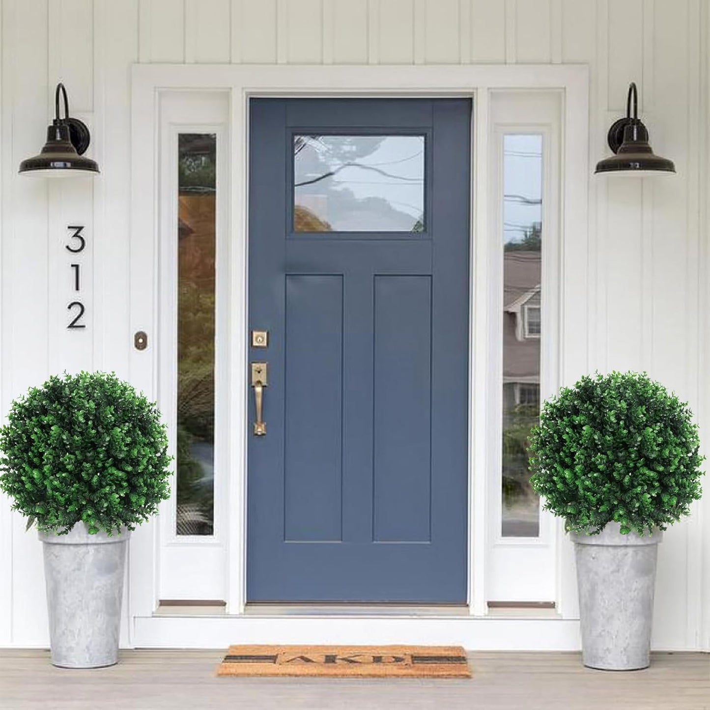 2PCS Faux Boxwood Plants Outdoor Artificial Topiary Ball Trees | Fake Bush & Shrub Greenery / UV Resistant / No Fade / Sturdy Build / No Maintenance / with Spike / Front Porch Decor
