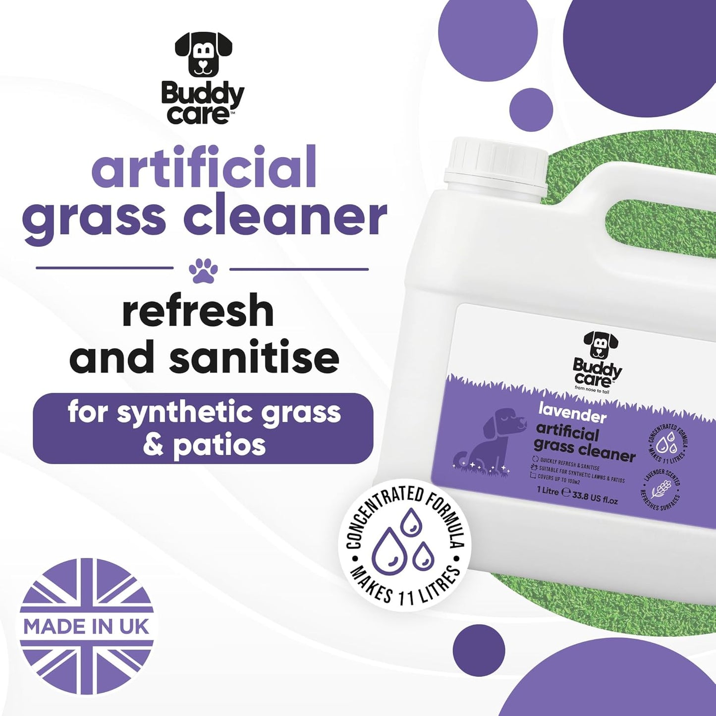 Artificial Grass Cleaner Concentrate - Lavender Scent - 1L - Outdoor Surface Cleaner for Synthetic Lawns & Patios, Fast Acting Odour Remover & Sanitiser, Makes 11L, Covers up to 100m²