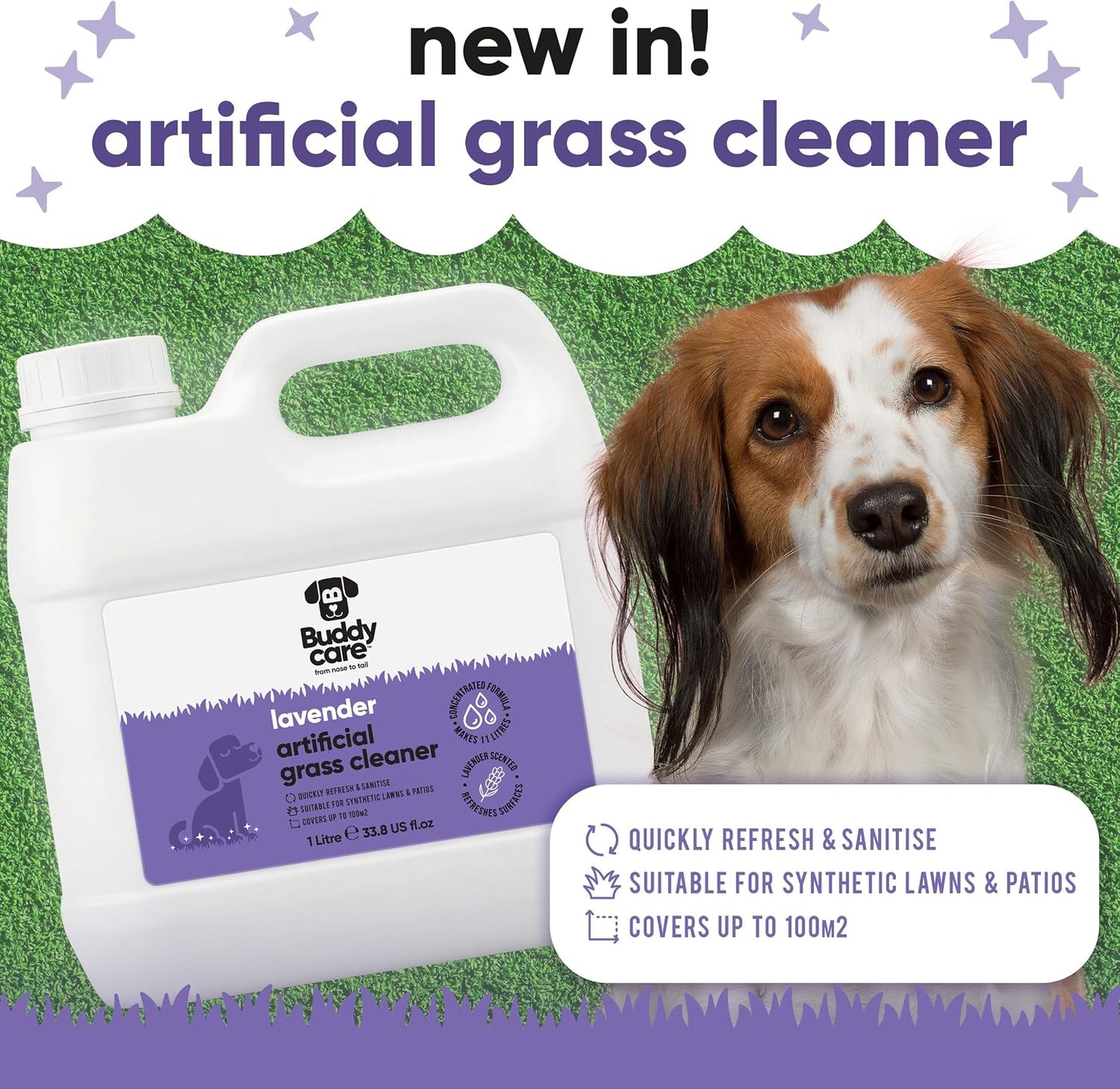 Artificial Grass Cleaner Concentrate - Lavender Scent - 1L - Outdoor Surface Cleaner for Synthetic Lawns & Patios, Fast Acting Odour Remover & Sanitiser, Makes 11L, Covers up to 100m²