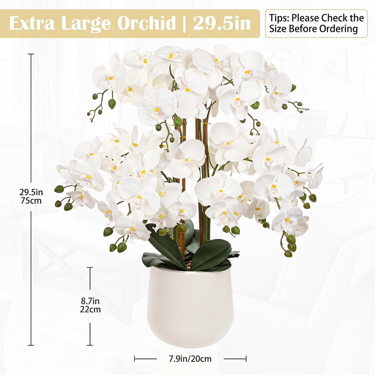 Extra Large White Orchid Artificial Flowers in Cream Resin Pot, 29.5in Lifelike Silk Orchid Arrangement Faux Phalaenopsis Plant for Home Entryway Dining Room Console Table Office Lobby Decor