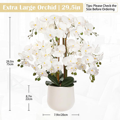 Extra Large White Orchid Artificial Flowers in Cream Resin Pot, 29.5in Lifelike Silk Orchid Arrangement Faux Phalaenopsis Plant for Home Entryway Dining Room Console Table Office Lobby Decor