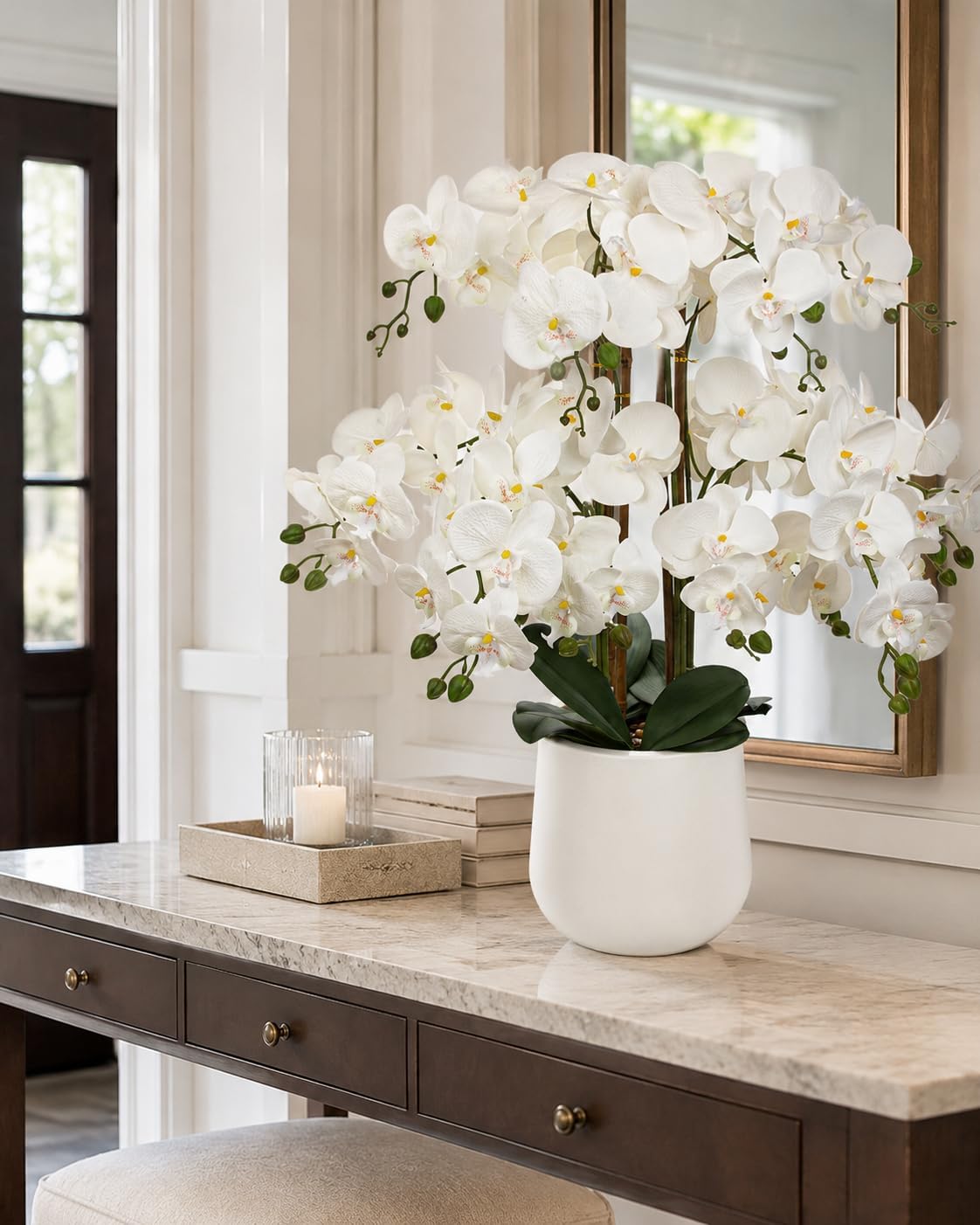 Extra Large White Orchid Artificial Flowers in Cream Resin Pot, 29.5in Lifelike Silk Orchid Arrangement Faux Phalaenopsis Plant for Home Entryway Dining Room Console Table Office Lobby Decor