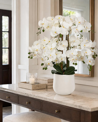 Extra Large White Orchid Artificial Flowers in Cream Resin Pot, 29.5in Lifelike Silk Orchid Arrangement Faux Phalaenopsis Plant for Home Entryway Dining Room Console Table Office Lobby Decor