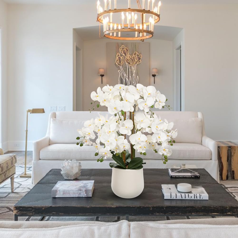Extra Large White Orchid Artificial Flowers in Cream Resin Pot, 29.5in Lifelike Silk Orchid Arrangement Faux Phalaenopsis Plant for Home Entryway Dining Room Console Table Office Lobby Decor