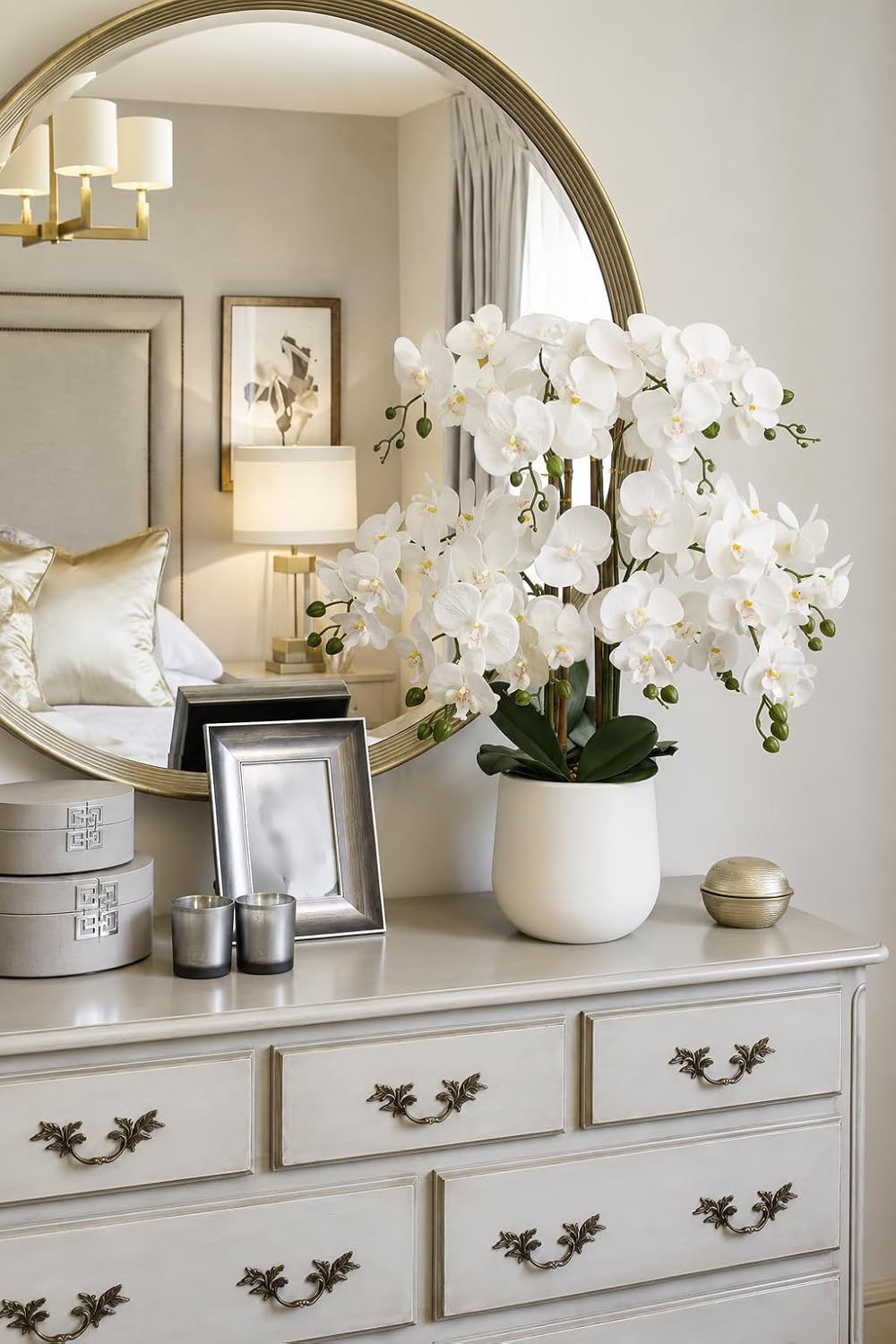 Extra Large White Orchid Artificial Flowers in Cream Resin Pot, 29.5in Lifelike Silk Orchid Arrangement Faux Phalaenopsis Plant for Home Entryway Dining Room Console Table Office Lobby Decor