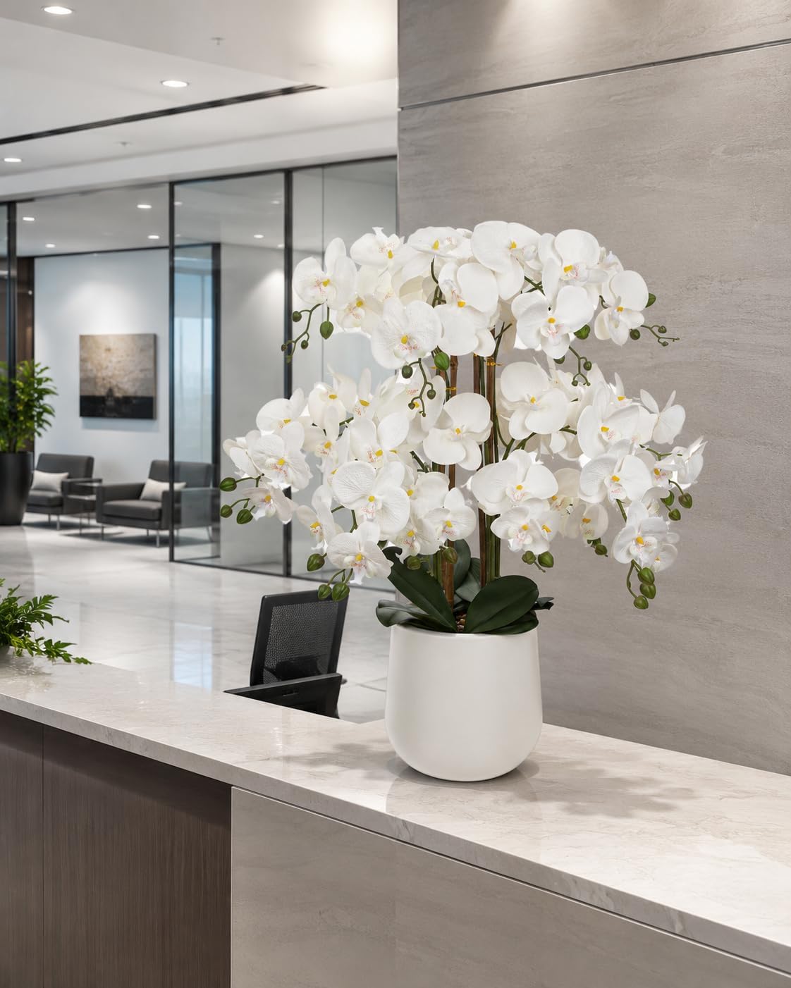 Extra Large White Orchid Artificial Flowers in Cream Resin Pot, 29.5in Lifelike Silk Orchid Arrangement Faux Phalaenopsis Plant for Home Entryway Dining Room Console Table Office Lobby Decor