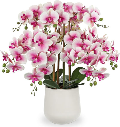Extra Large White Orchid Artificial Flowers in Cream Resin Pot, 29.5in Lifelike Silk Orchid Arrangement Faux Phalaenopsis Plant for Home Entryway Dining Room Console Table Office Lobby Decor