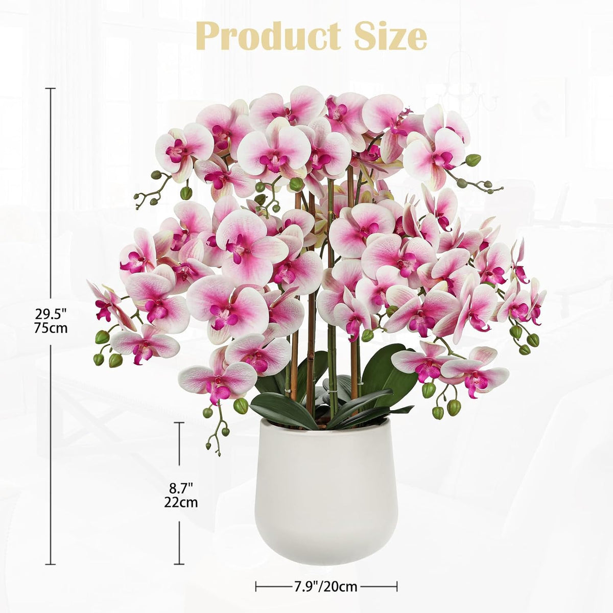 Extra Large White Orchid Artificial Flowers in Cream Resin Pot, 29.5in Lifelike Silk Orchid Arrangement Faux Phalaenopsis Plant for Home Entryway Dining Room Console Table Office Lobby Decor
