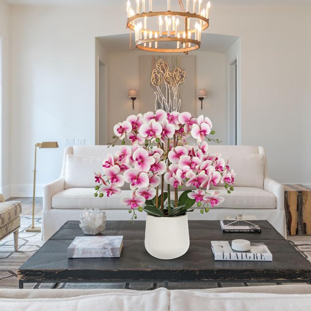 Extra Large White Orchid Artificial Flowers in Cream Resin Pot, 29.5in Lifelike Silk Orchid Arrangement Faux Phalaenopsis Plant for Home Entryway Dining Room Console Table Office Lobby Decor