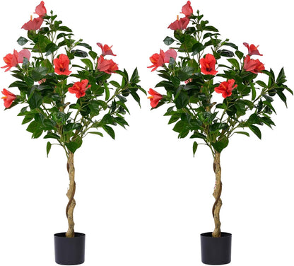 2 Pcs 4 Feet Hibiscus Artificial Tree with Red Hibiscus Flowers