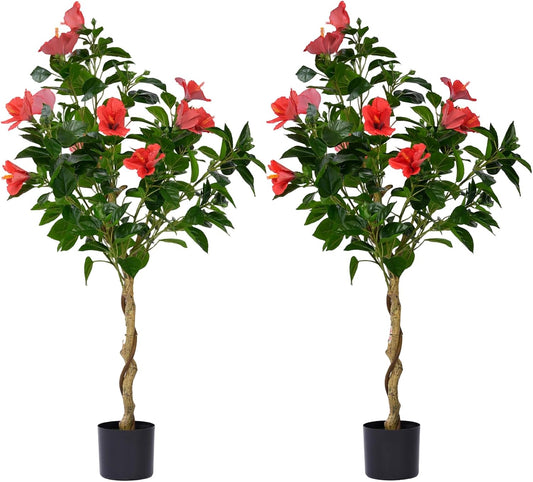 2 Pcs 4 Feet Hibiscus Artificial Tree with Red Hibiscus Flowers