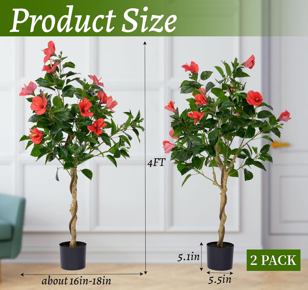 2 Pcs 4 Feet Hibiscus Artificial Tree with Red Hibiscus Flowers