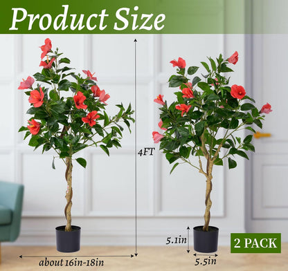 2 Pcs 4 Feet Hibiscus Artificial Tree with Red Hibiscus Flowers