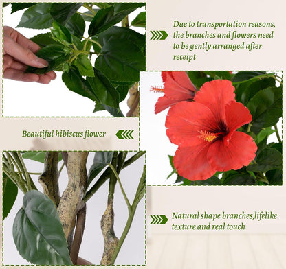 2 Pcs 4 Feet Hibiscus Artificial Tree with Red Hibiscus Flowers