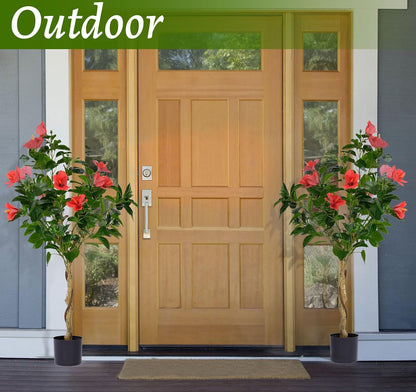2 Pcs 4 Feet Hibiscus Artificial Tree with Red Hibiscus Flowers