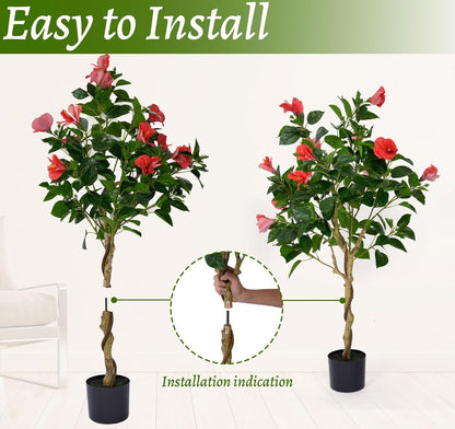 2 Pcs 4 Feet Hibiscus Artificial Tree with Red Hibiscus Flowers