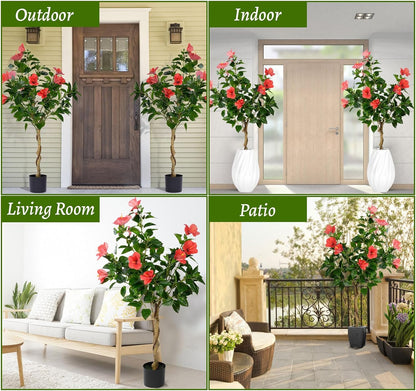 2 Pcs 4 Feet Hibiscus Artificial Tree with Red Hibiscus Flowers