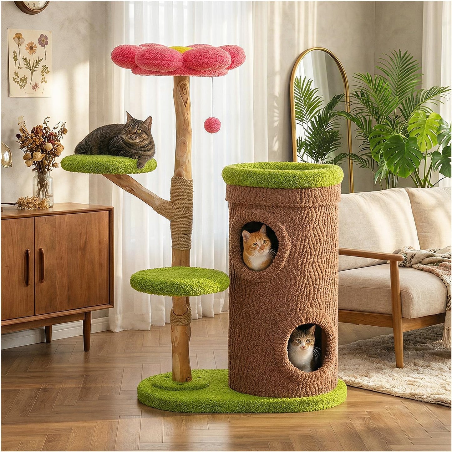 Modern Cat Tree Tower for Indoor Large Cats w/Removable Flower Perch, Real Solid Wood Cat Scratching Posts, Boho Ratten Cat Furniture w/Cozy Condo & Wicker Basket Bed, White