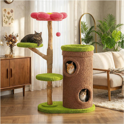 Modern Cat Tree Tower for Indoor Large Cats w/Removable Flower Perch, Real Solid Wood Cat Scratching Posts, Boho Ratten Cat Furniture w/Cozy Condo & Wicker Basket Bed, White
