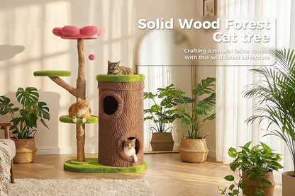 Modern Cat Tree Tower for Indoor Large Cats w/Removable Flower Perch, Real Solid Wood Cat Scratching Posts, Boho Ratten Cat Furniture w/Cozy Condo & Wicker Basket Bed, White
