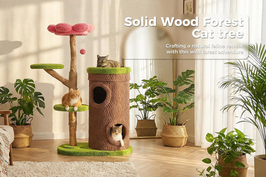 Modern Cat Tree Tower for Indoor Large Cats w/Removable Flower Perch, Real Solid Wood Cat Scratching Posts, Boho Ratten Cat Furniture w/Cozy Condo & Wicker Basket Bed, White
