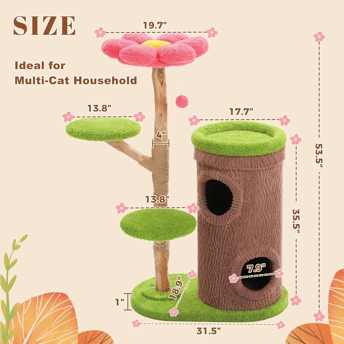 Modern Cat Tree Tower for Indoor Large Cats w/Removable Flower Perch, Real Solid Wood Cat Scratching Posts, Boho Ratten Cat Furniture w/Cozy Condo & Wicker Basket Bed, White