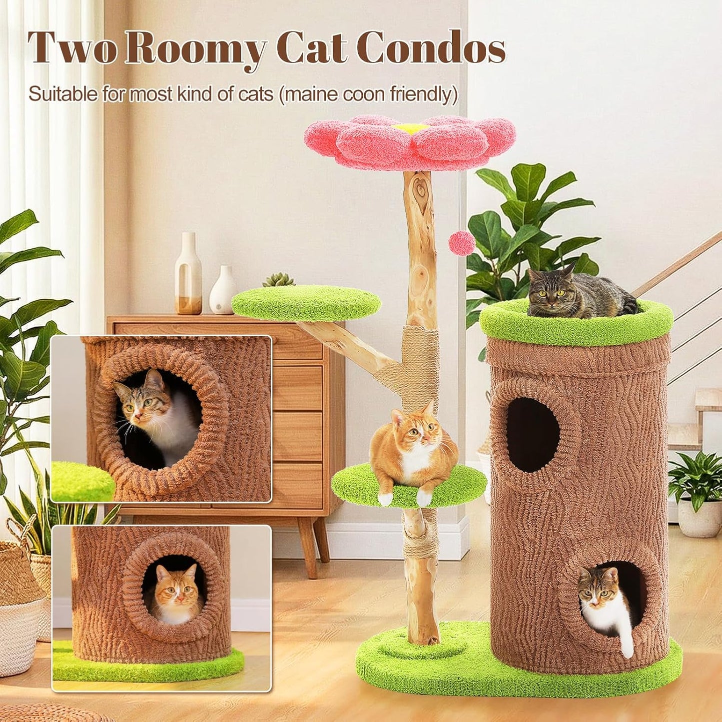 Modern Cat Tree Tower for Indoor Large Cats w/Removable Flower Perch, Real Solid Wood Cat Scratching Posts, Boho Ratten Cat Furniture w/Cozy Condo & Wicker Basket Bed, White