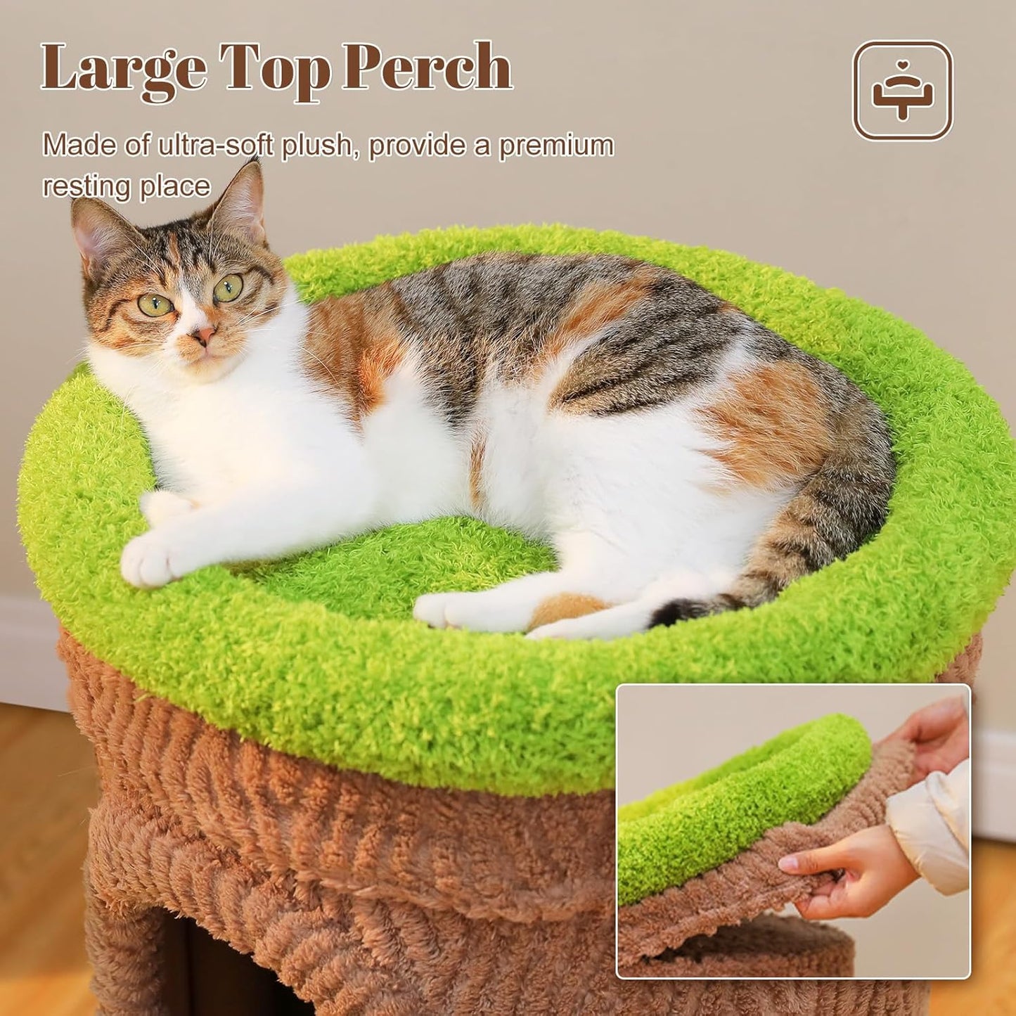 Modern Cat Tree Tower for Indoor Large Cats w/Removable Flower Perch, Real Solid Wood Cat Scratching Posts, Boho Ratten Cat Furniture w/Cozy Condo & Wicker Basket Bed, White