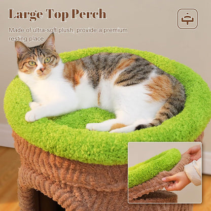 Modern Cat Tree Tower for Indoor Large Cats w/Removable Flower Perch, Real Solid Wood Cat Scratching Posts, Boho Ratten Cat Furniture w/Cozy Condo & Wicker Basket Bed, White