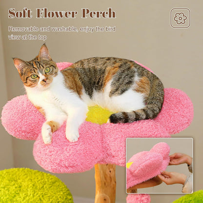 Modern Cat Tree Tower for Indoor Large Cats w/Removable Flower Perch, Real Solid Wood Cat Scratching Posts, Boho Ratten Cat Furniture w/Cozy Condo & Wicker Basket Bed, White