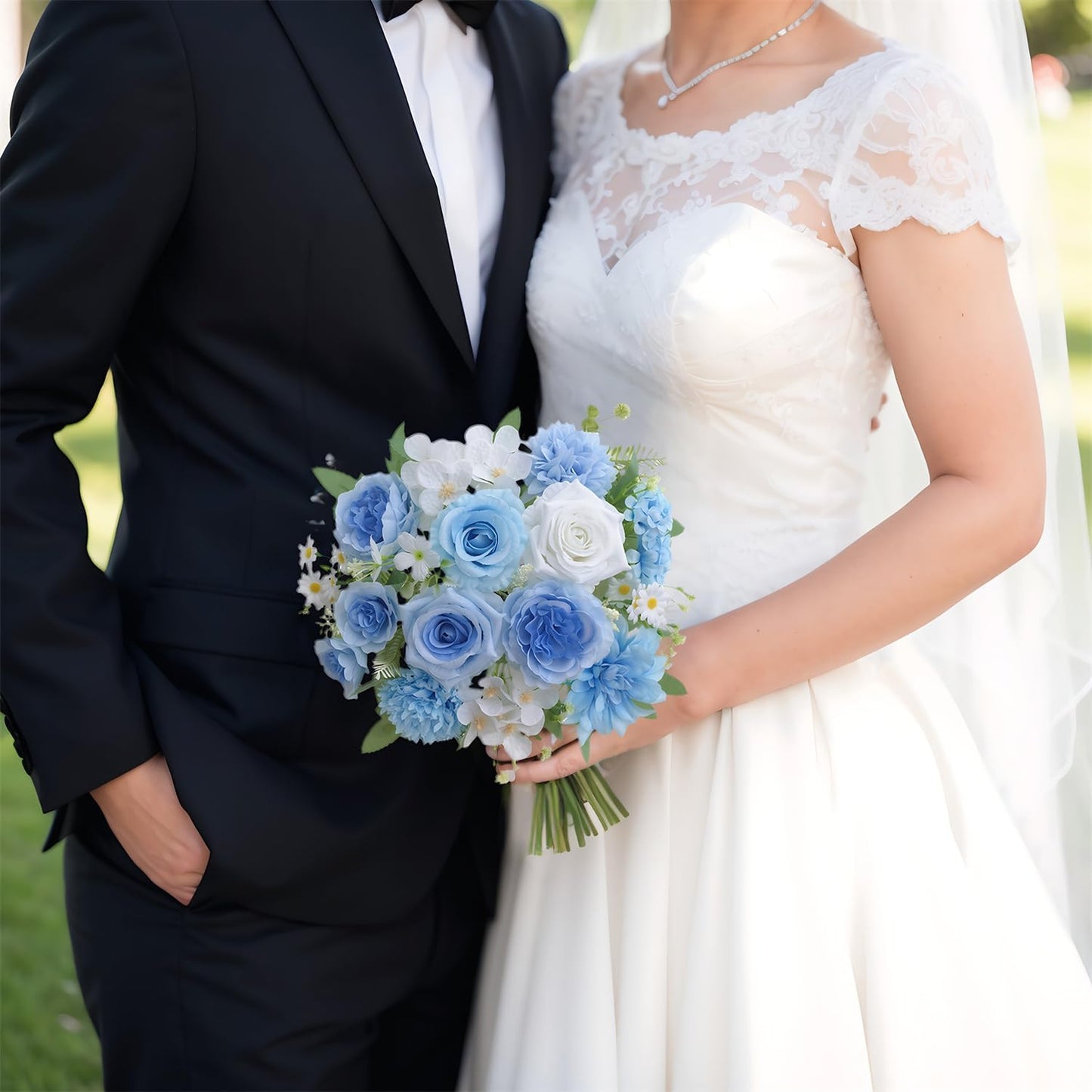 4 Pcs Mixed Artificial Flowers Set, Small Artificial Peony Bouquet Fake Rose Flower Silk Floral Arrangements for Table Centerpiece Home Wedding Party Bridal Decoration(Blue, 2 Bouquets & 2 Stems)