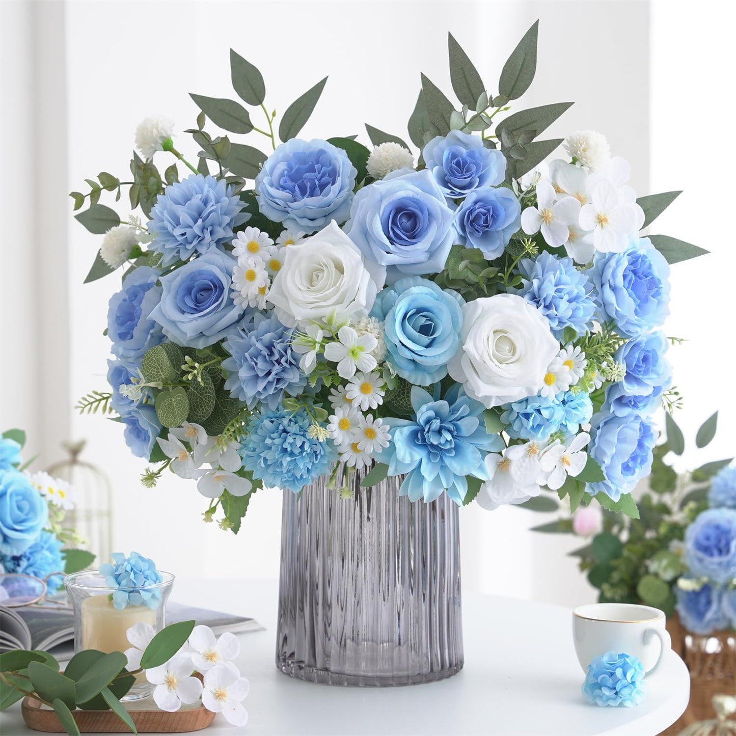 4 Pcs Mixed Artificial Flowers Set, Small Artificial Peony Bouquet Fake Rose Flower Silk Floral Arrangements for Table Centerpiece Home Wedding Party Bridal Decoration(Blue, 2 Bouquets & 2 Stems)