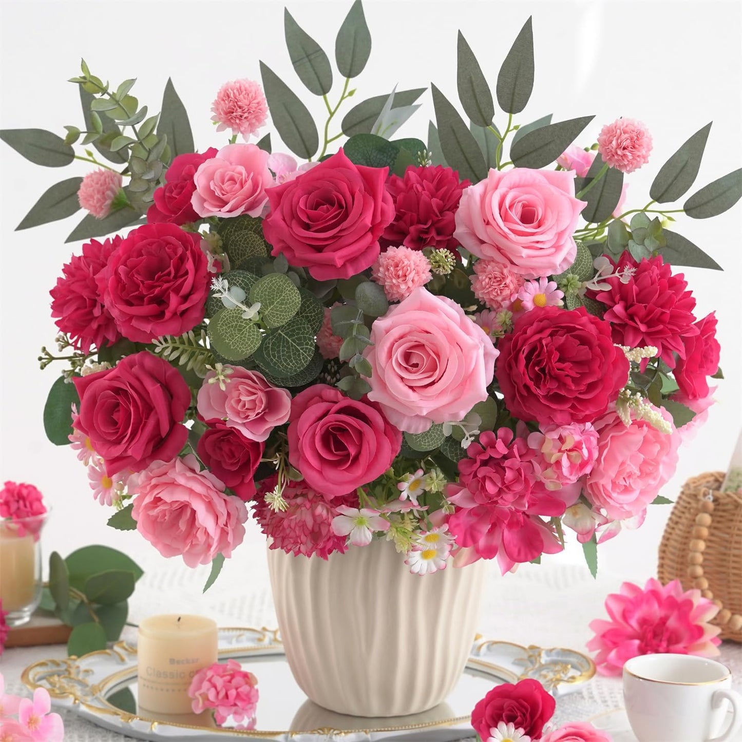 4 Pcs Mixed Artificial Flowers Set, Small Artificial Peony Bouquet Fake Rose Flower Silk Floral Arrangements for Table Centerpiece Home Wedding Party Bridal Decoration(Blue, 2 Bouquets & 2 Stems)