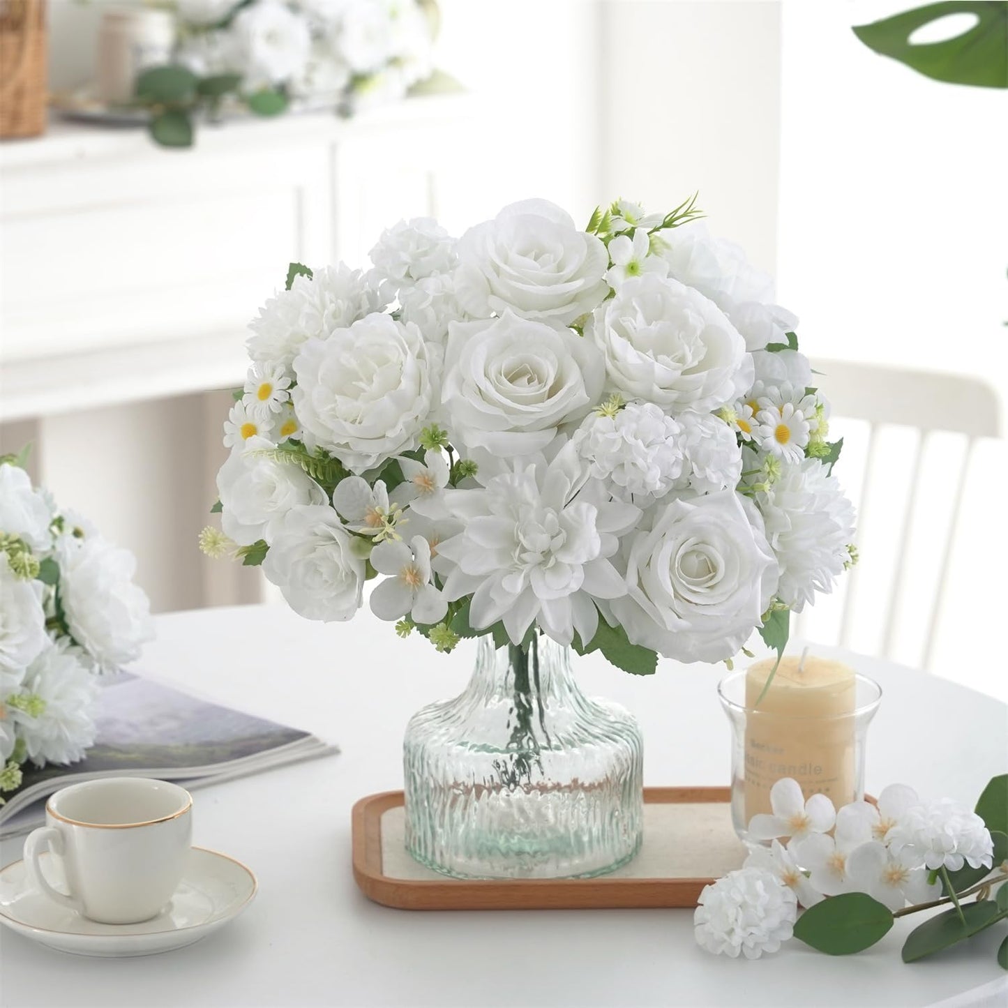 4 Pcs Mixed Artificial Flowers Set, Small Artificial Peony Bouquet Fake Rose Flower Silk Floral Arrangements for Table Centerpiece Home Wedding Party Bridal Decoration(Blue, 2 Bouquets & 2 Stems)