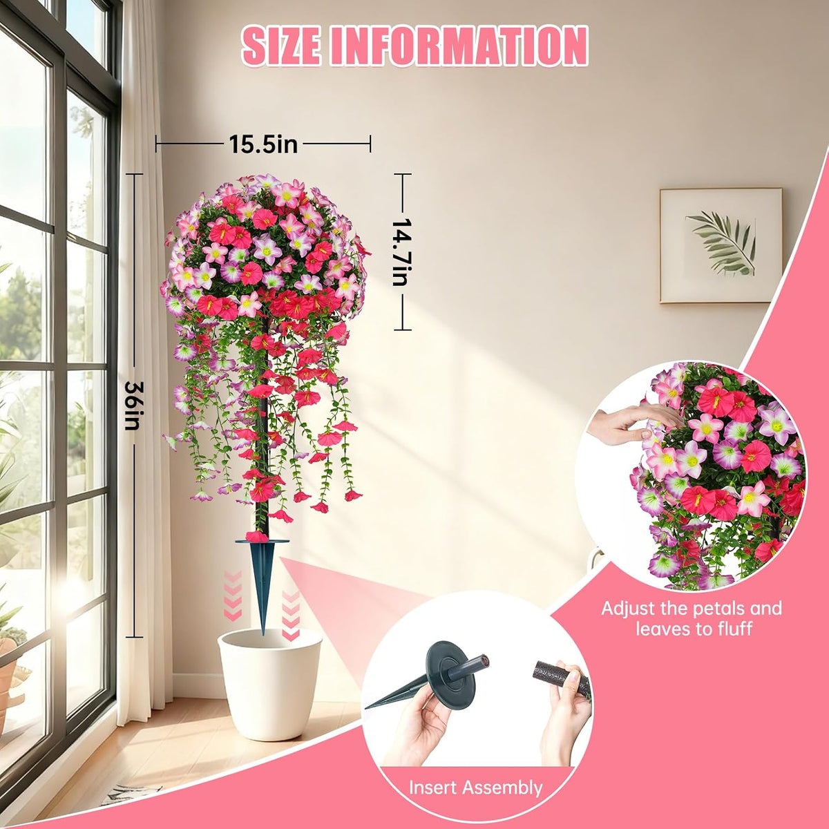 Yangrass 2Pack Artificial Topiary Pink Flower Bushes for Outdoor, 24" (2FT)