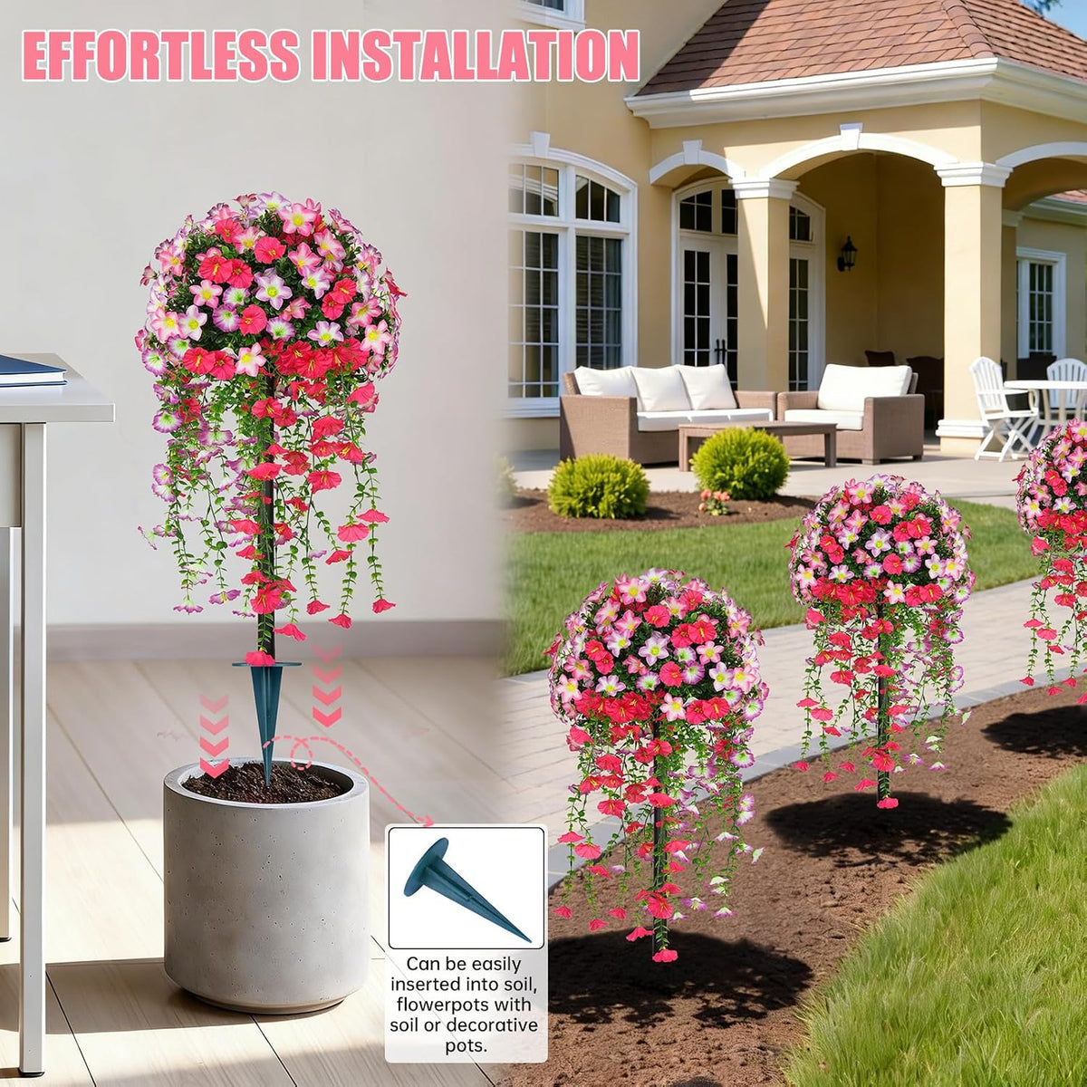 Yangrass 2Pack Artificial Topiary Pink Flower Bushes for Outdoor, 24" (2FT)