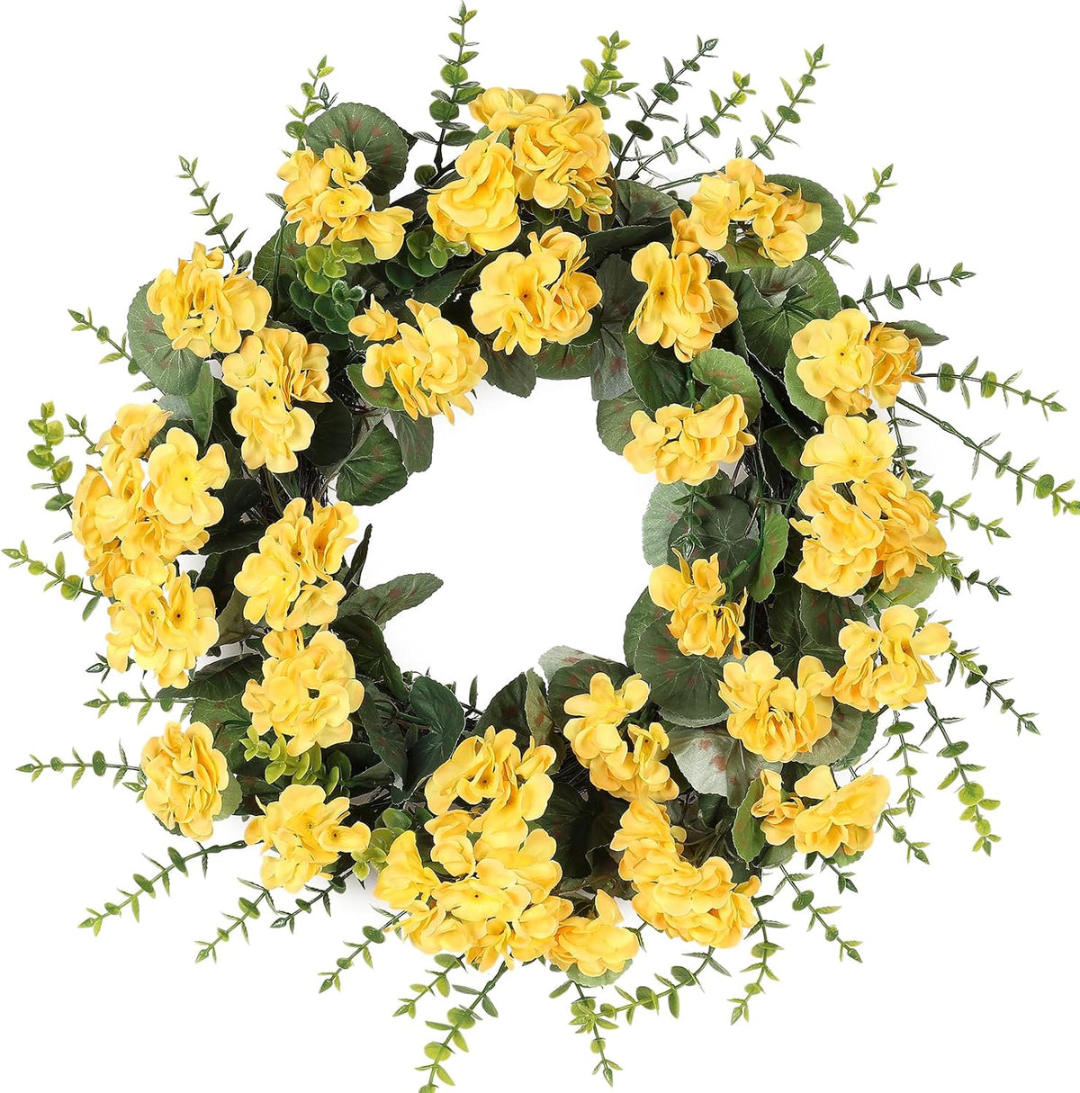KuiMenYellow Artificial Geranium Wreath, 22 Inch Spring Summer Wreaths for Front Door with Blessed Hanging Sign, for Rustic Farmhouse Entryway Porch Balcony Decor