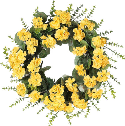 KuiMenYellow Artificial Geranium Wreath, 22 Inch Spring Summer Wreaths for Front Door with Blessed Hanging Sign, for Rustic Farmhouse Entryway Porch Balcony Decor