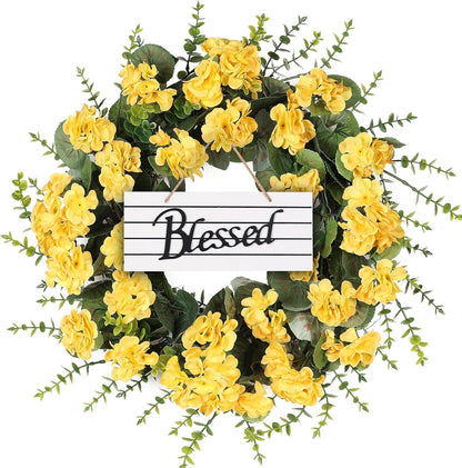 KuiMenYellow Artificial Geranium Wreath, 22 Inch Spring Summer Wreaths for Front Door with Blessed Hanging Sign, for Rustic Farmhouse Entryway Porch Balcony Decor
