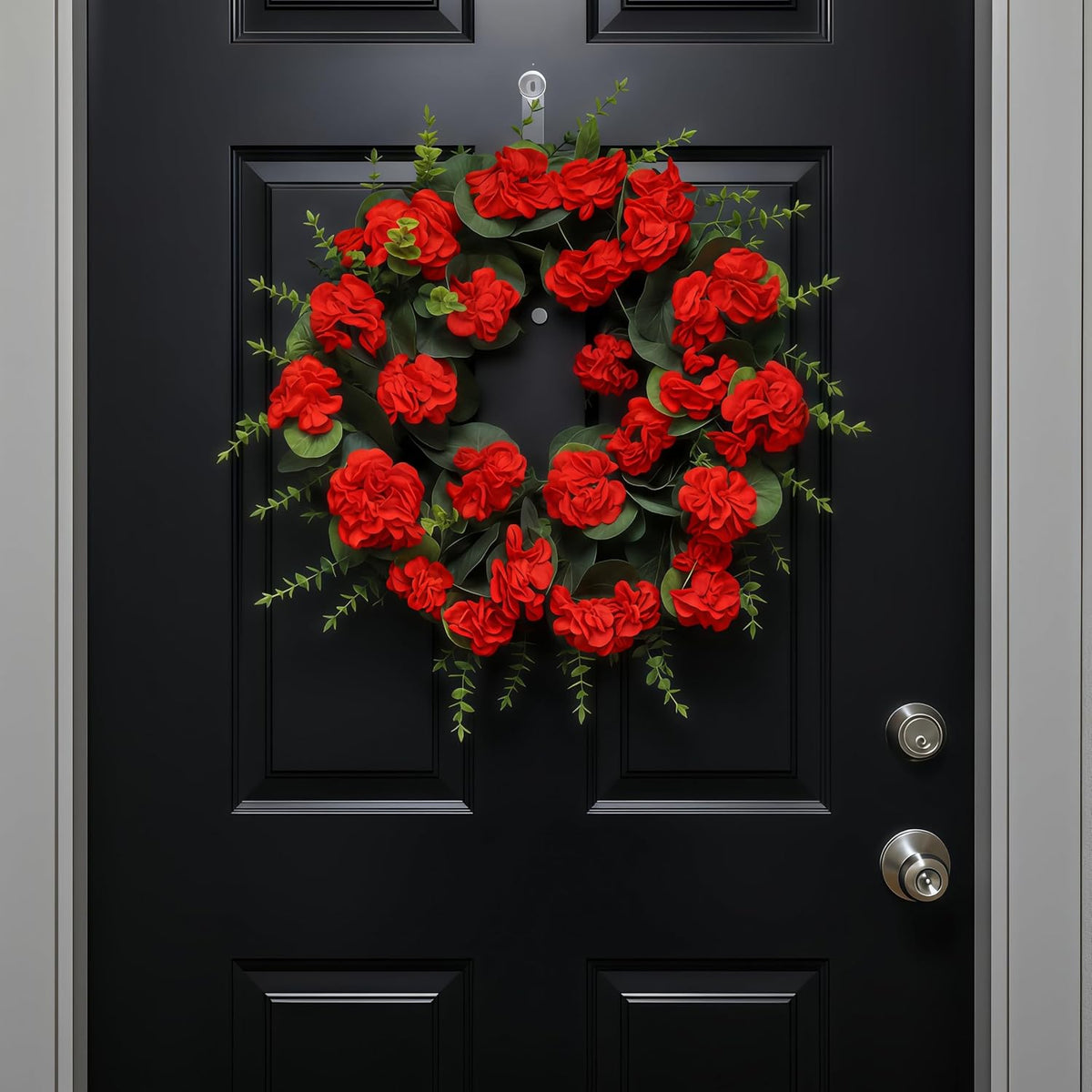 KuiMenYellow Artificial Geranium Wreath, 22 Inch Spring Summer Wreaths for Front Door with Blessed Hanging Sign, for Rustic Farmhouse Entryway Porch Balcony Decor