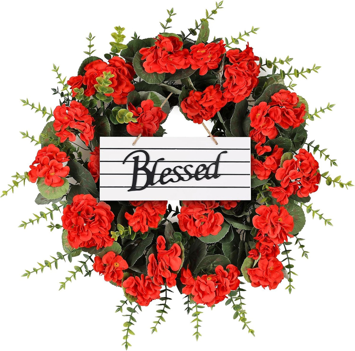 KuiMenYellow Artificial Geranium Wreath, 22 Inch Spring Summer Wreaths for Front Door with Blessed Hanging Sign, for Rustic Farmhouse Entryway Porch Balcony Decor