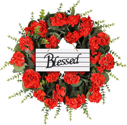 KuiMenYellow Artificial Geranium Wreath, 22 Inch Spring Summer Wreaths for Front Door with Blessed Hanging Sign, for Rustic Farmhouse Entryway Porch Balcony Decor