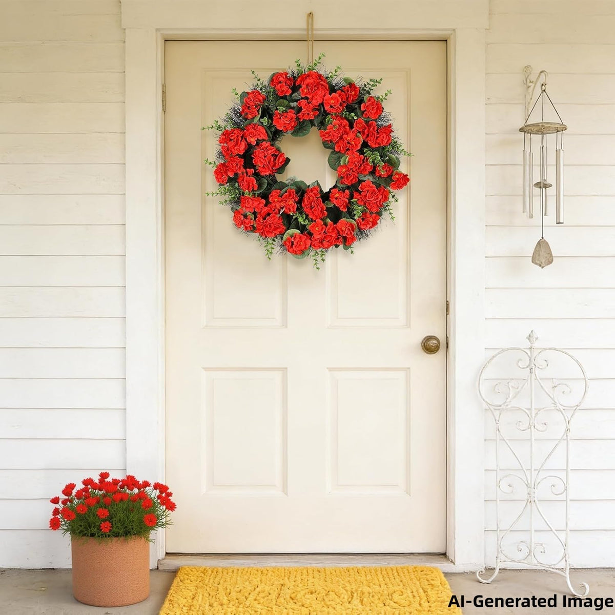 KuiMenYellow Artificial Geranium Wreath, 22 Inch Spring Summer Wreaths for Front Door with Blessed Hanging Sign, for Rustic Farmhouse Entryway Porch Balcony Decor