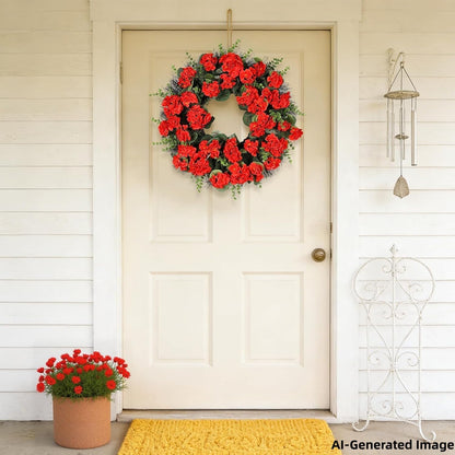 KuiMenYellow Artificial Geranium Wreath, 22 Inch Spring Summer Wreaths for Front Door with Blessed Hanging Sign, for Rustic Farmhouse Entryway Porch Balcony Decor