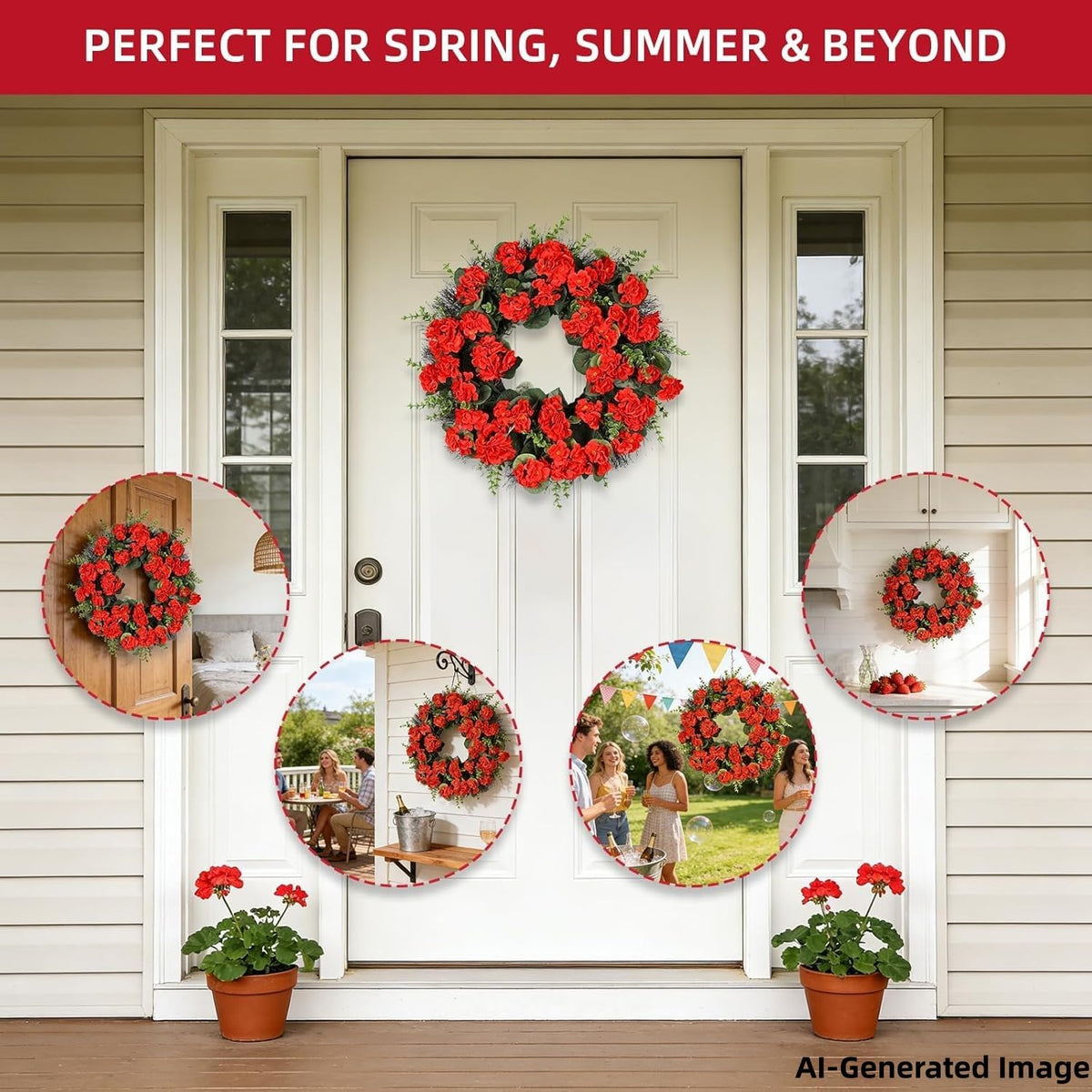 KuiMenYellow Artificial Geranium Wreath, 22 Inch Spring Summer Wreaths for Front Door with Blessed Hanging Sign, for Rustic Farmhouse Entryway Porch Balcony Decor